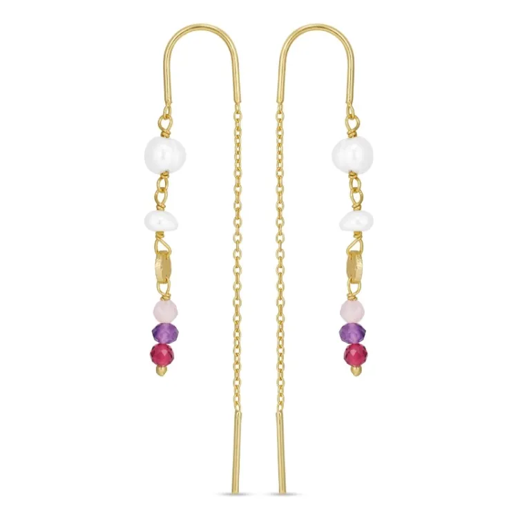 lange roze ketting oorbellen in verguld zilver - Loom Stones
