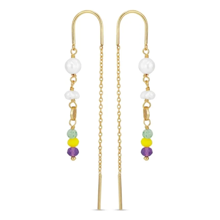 lange geel ketting oorbellen in verguld zilver - Loom Stones