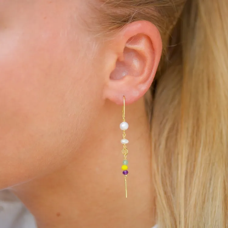 lange geel ketting oorbellen in verguld zilver - Loom Stones