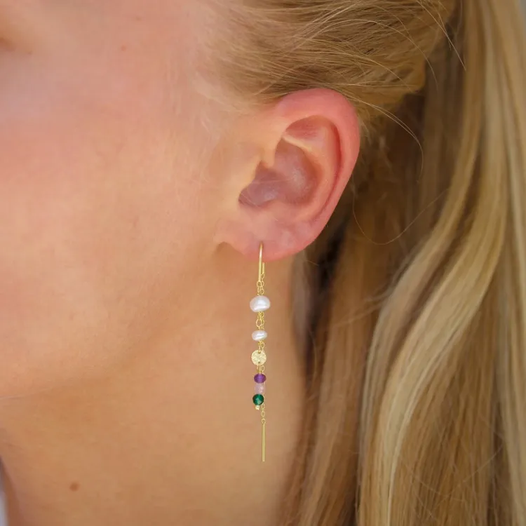 lange paarse ketting oorbellen in verguld zilver - Loom Stones