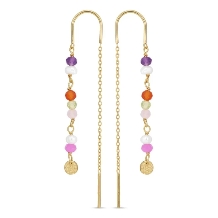 lange multikleurige ketting oorbellen in verguld zilver - Loom Stones