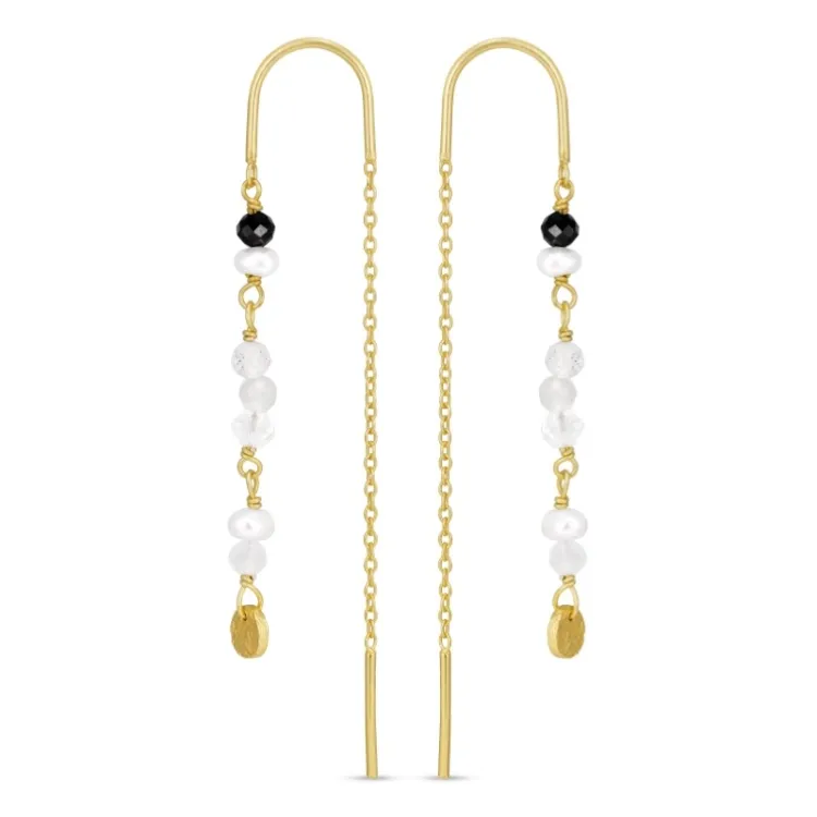 lange zwart ketting oorbellen in verguld zilver - Loom Stones