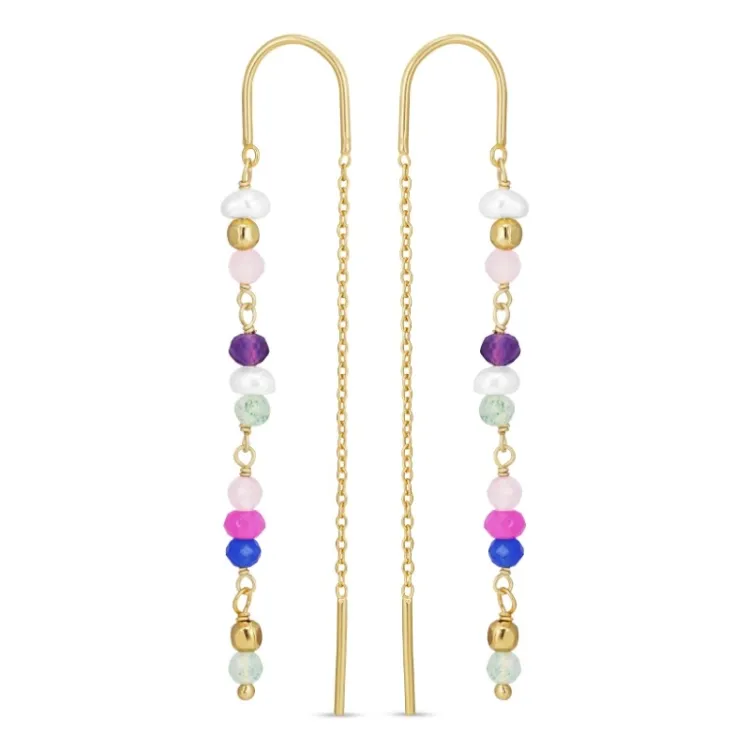 lange multikleurige ketting oorbellen in verguld zilver - Loom Stones