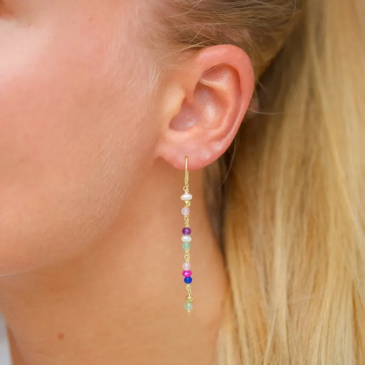 lange multikleurige ketting oorbellen in verguld zilver - Loom Stones