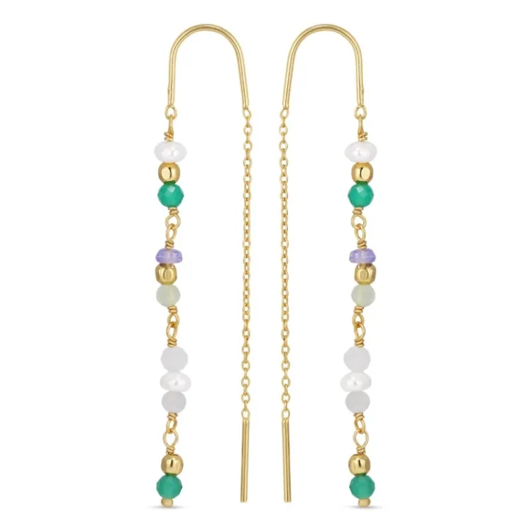 lange groene ketting oorbellen in verguld zilver - Loom Stones