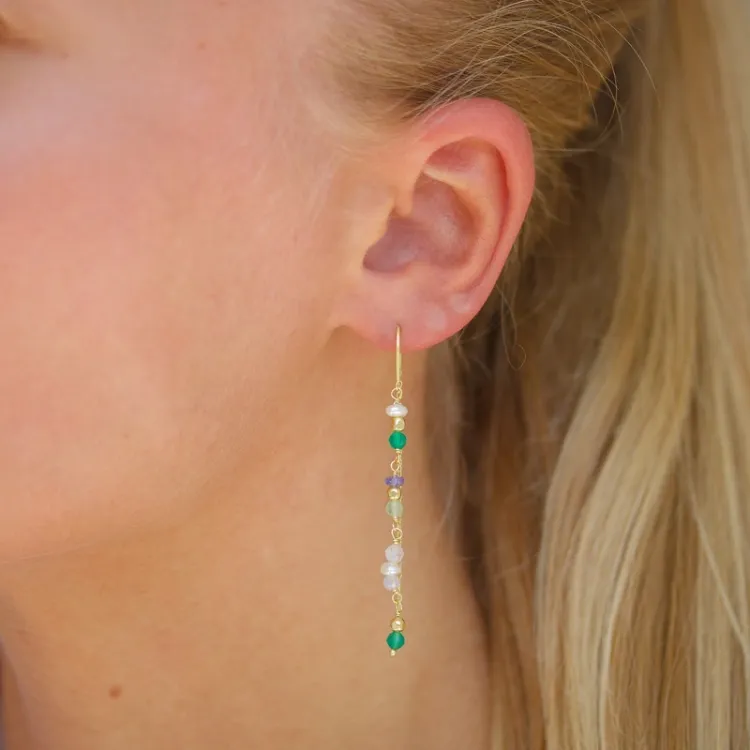 lange groene ketting oorbellen in verguld zilver - Loom Stones