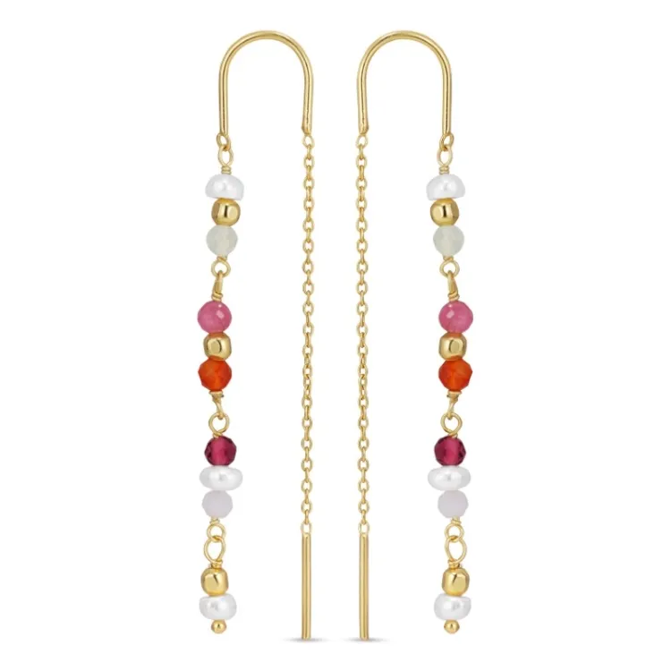 lange roze ketting oorbellen in verguld zilver - Loom Stones