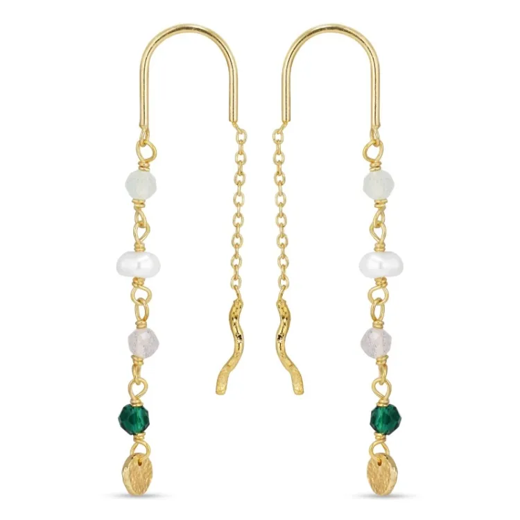 lange groene ketting oorbellen in verguld zilver - Loom Stones
