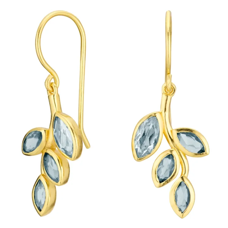 blad blauwe kristal oorbellen in verguld zilver - Loom Stones