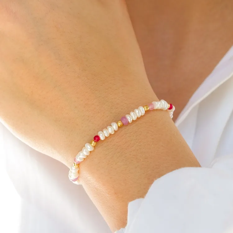 pink steen armband in verguld sterlingzilver  x   - Loom Stones
