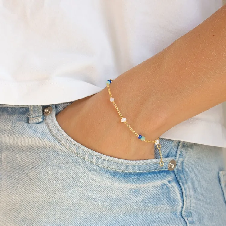 blauwe steen armband in verguld sterlingzilver  x 4,5 mm  - Loom Stones