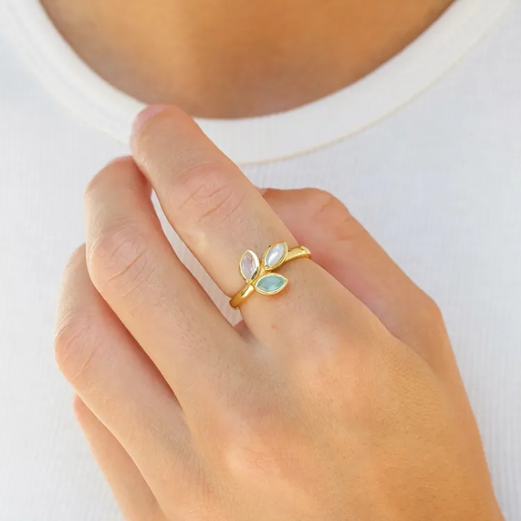 blad kristal ring in verguld sterlingzilver - Loom Stones