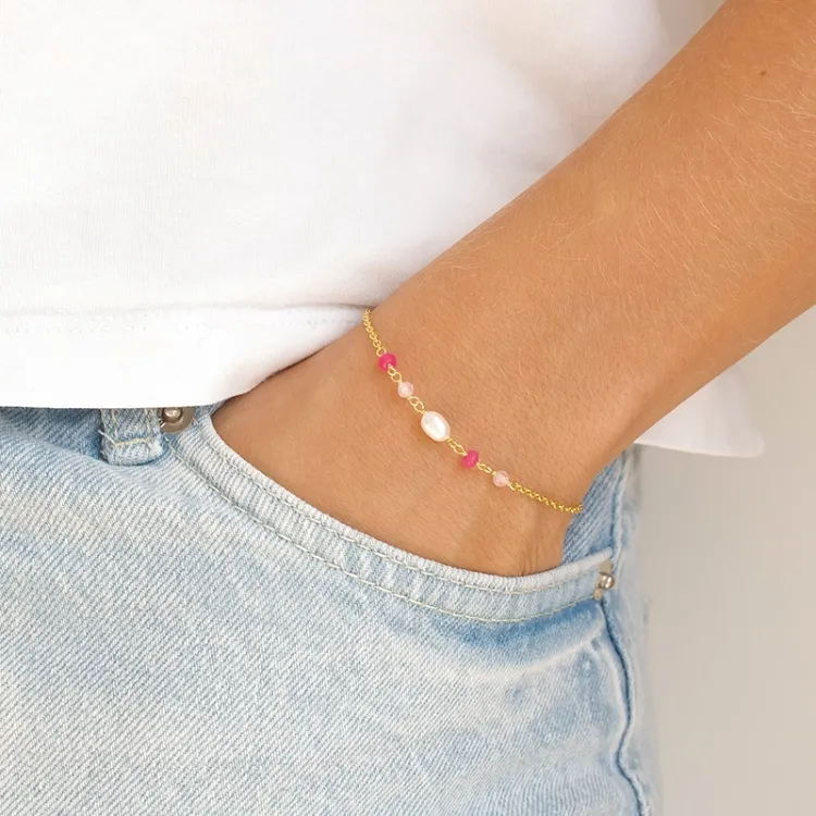 pink onyx armband in verguld sterlingzilver 16 + 3 cm x 4,4 mm  - Loom Stones