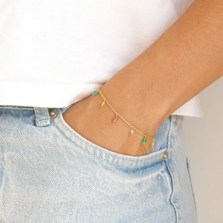 groen armband in verguld sterlingzilver 16 + 3 cm x 3,3 mm  - Loom Stones