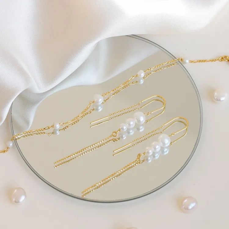 lange parel ketting oorbellen in verguld zilver
