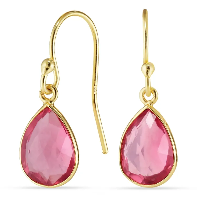 druppel pink kristal oorbellen in verguld zilver - Loom Stones