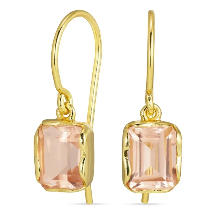 vierkant roze kristal oorbellen in verguld zilver - Loom Stones