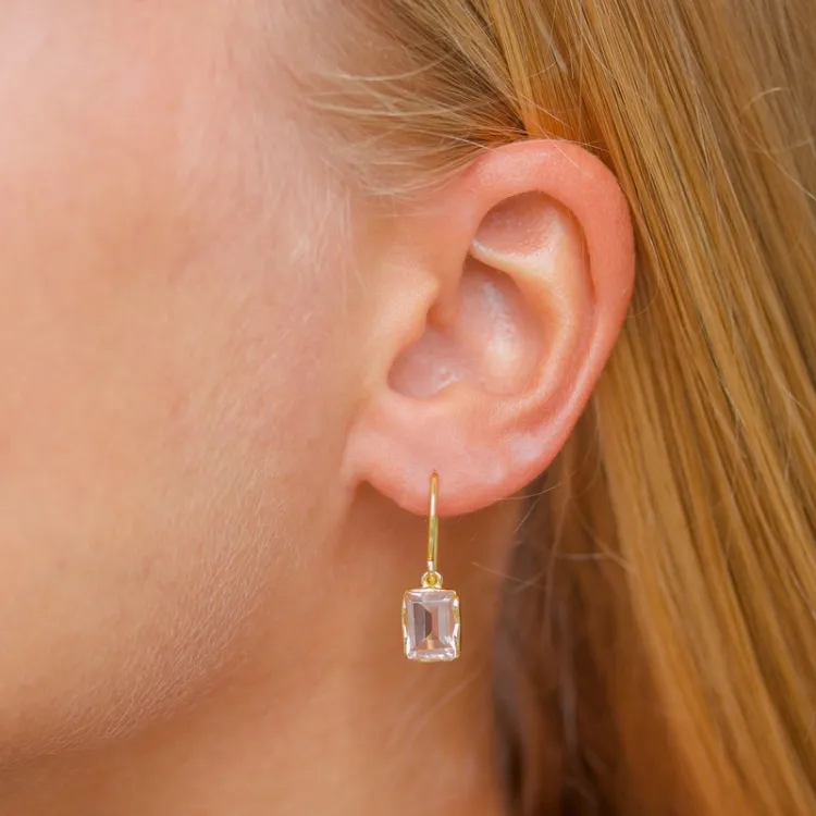 vierkant roze kristal oorbellen in verguld zilver - Loom Stones