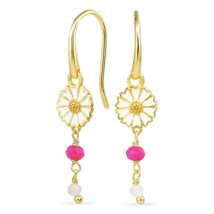 lange margriet pink ketting oorbellen in verguld zilver