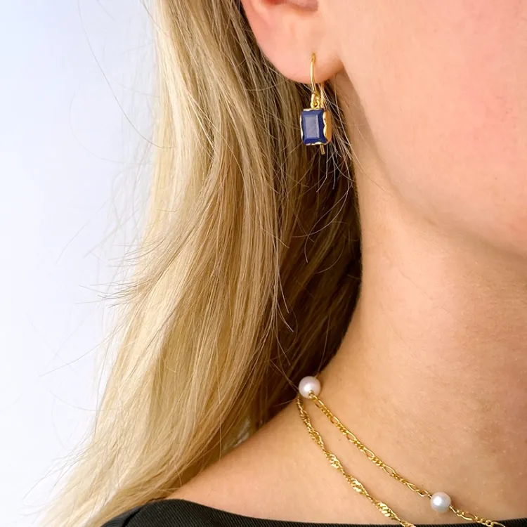 vierkant blaume jadesteen oorbellen in verguld zilver - Loom Stones
