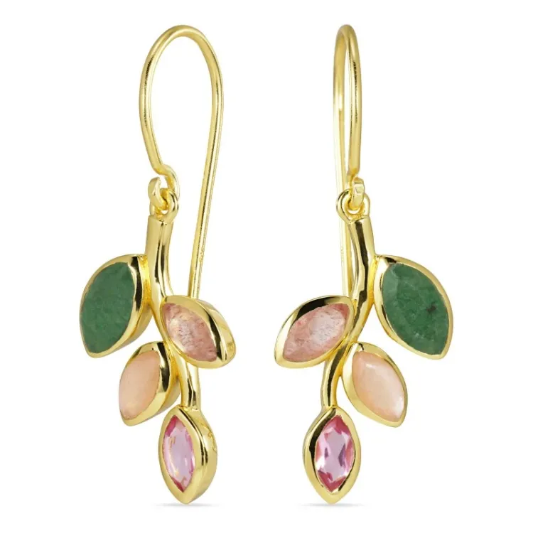 blad pink kristal oorbellen in verguld zilver - Loom Stones