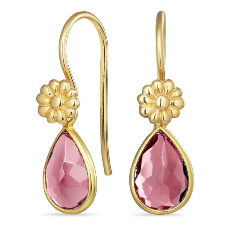 druppel pink kristal oorhaakjes in verguld zilver