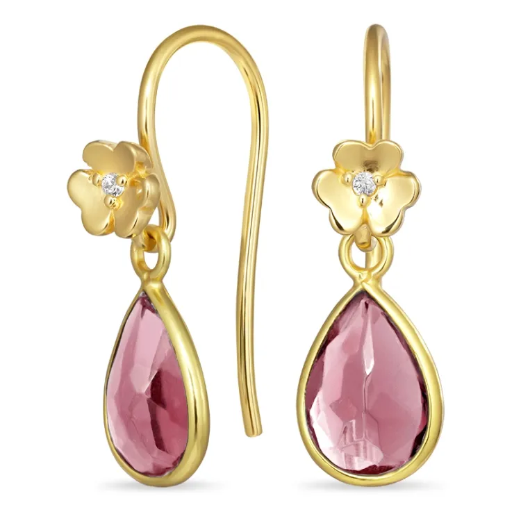 bloem pink kristal oorhaakjes in verguld zilver