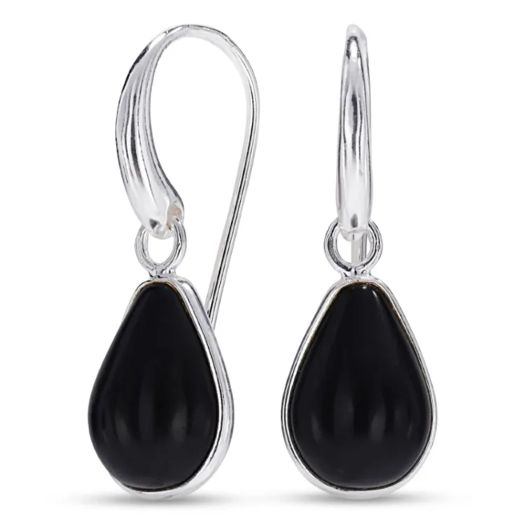 druppel zwarte onyx oorbellen in verzilverd messing - Loom Stones