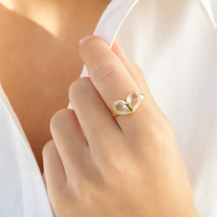 heldere kwarts ring in verguld messing - Loom Stones