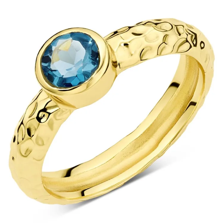 blauwe kristal ring in verguld messing - Eliné