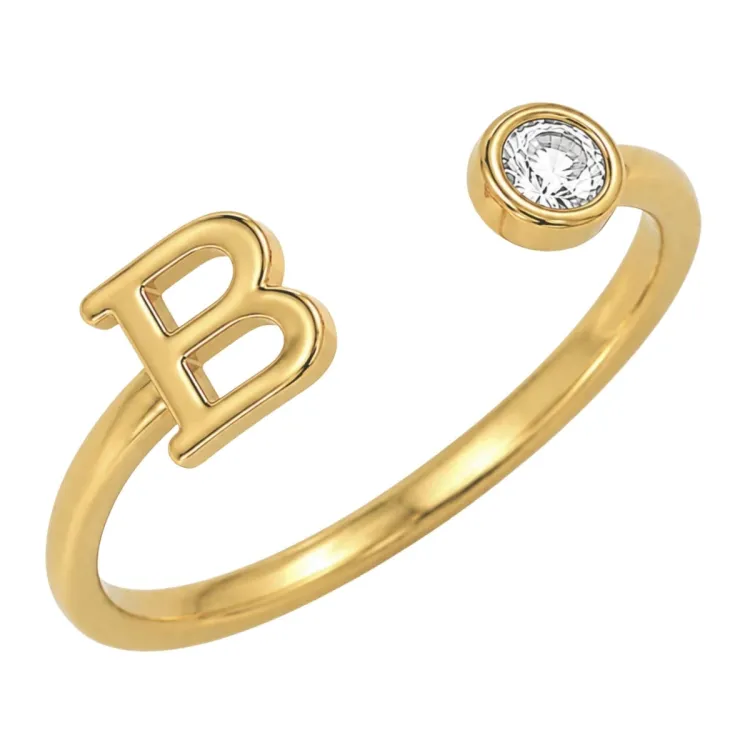 letter b zirkoon ring in verguld messing