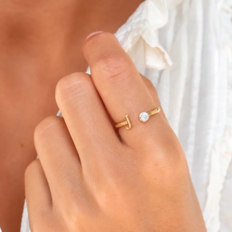 letter j zirkoon ring in verguld messing - My Letter