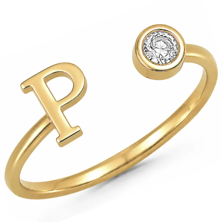 letter p zirkoon ring in verguld messing