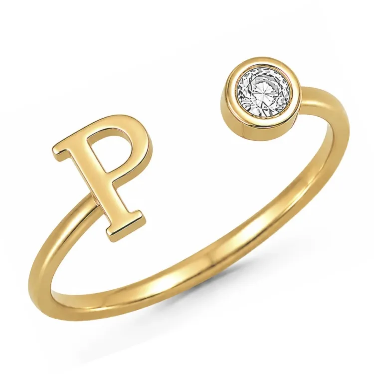 letter p zirkoon ring in verguld messing