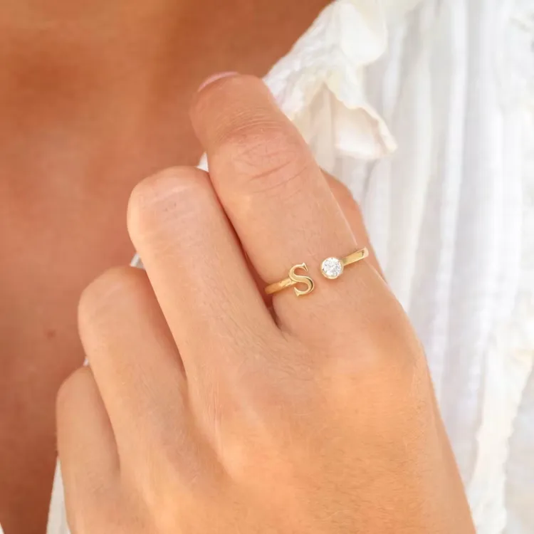 letter s zirkoon ring in verguld messing - My Letter