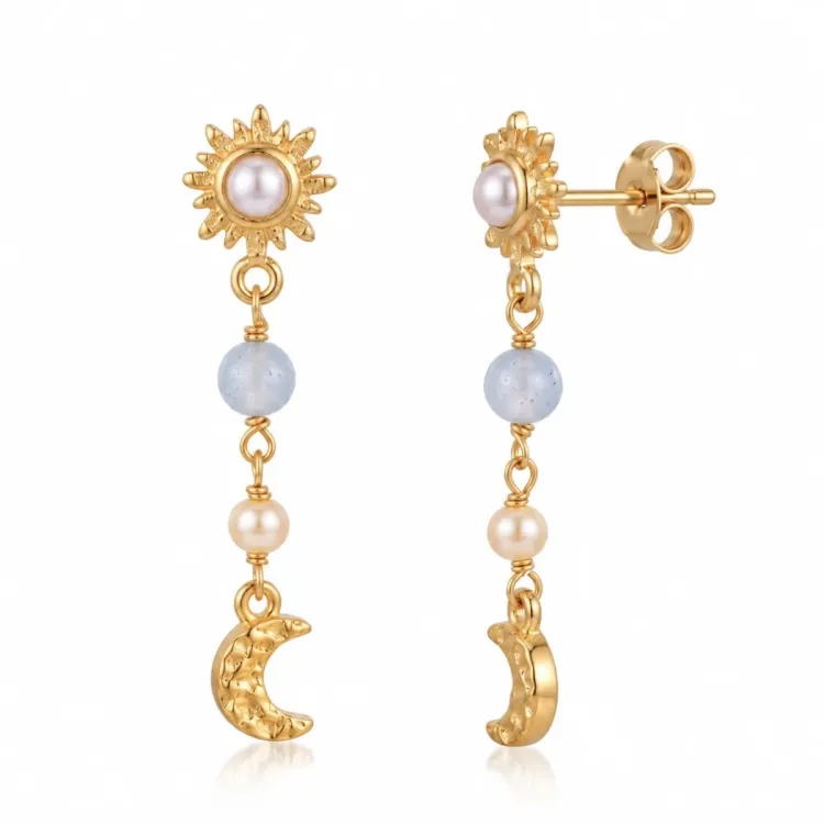 zon aqua kristal ketting oorbellen in verguld messing - Eliné