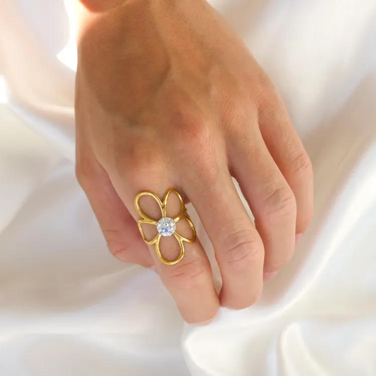 waterproof bloem verstelbaar ring in verguld staal - OCEANA