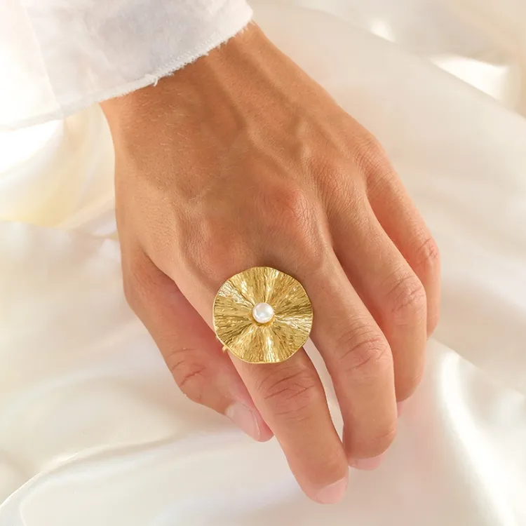 waterproof parel verstelbaar ring in verguld staal - OCEANA