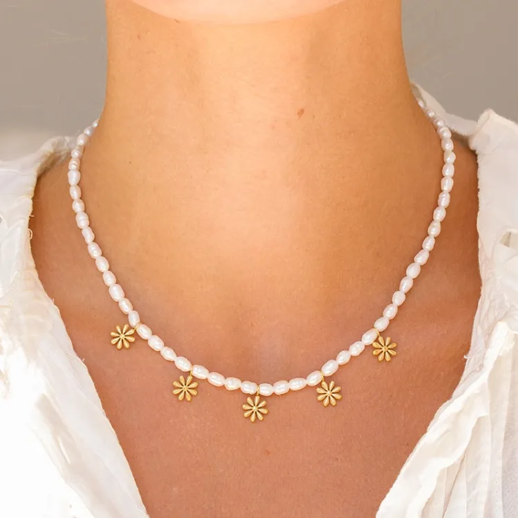 waterproof bloem parel ketting in verguld staal - OCEANA