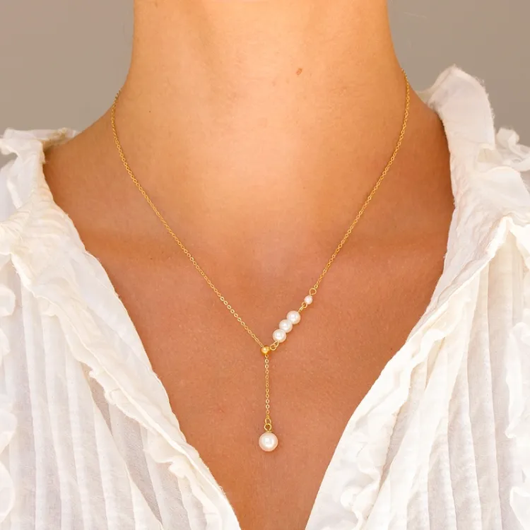 waterproof parel Y-ketting in verguld staal - OCEANA