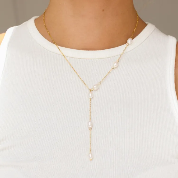 waterproof parel Y-ketting in verguld staal - OCEANA