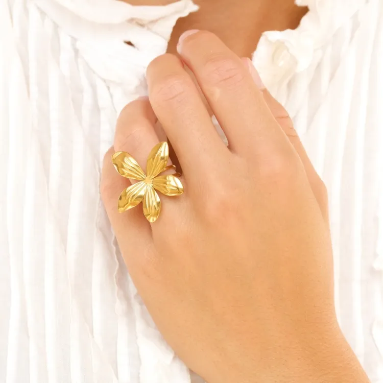 waterproof bloem verstelbaar ring maat 54-58 in verguld staal - OCEANA