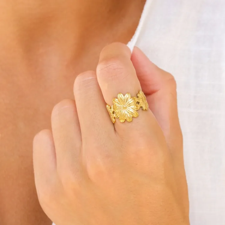 waterproof bloem ring in verguld staal - OCEANA