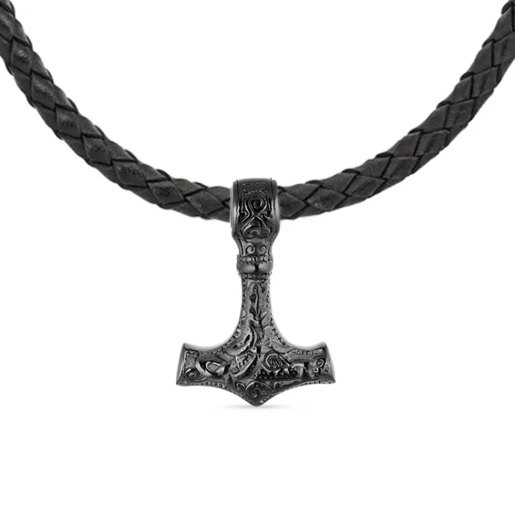 waterproof de hamer van thor ketting in leren met hanger in zwart staal - OCEANA