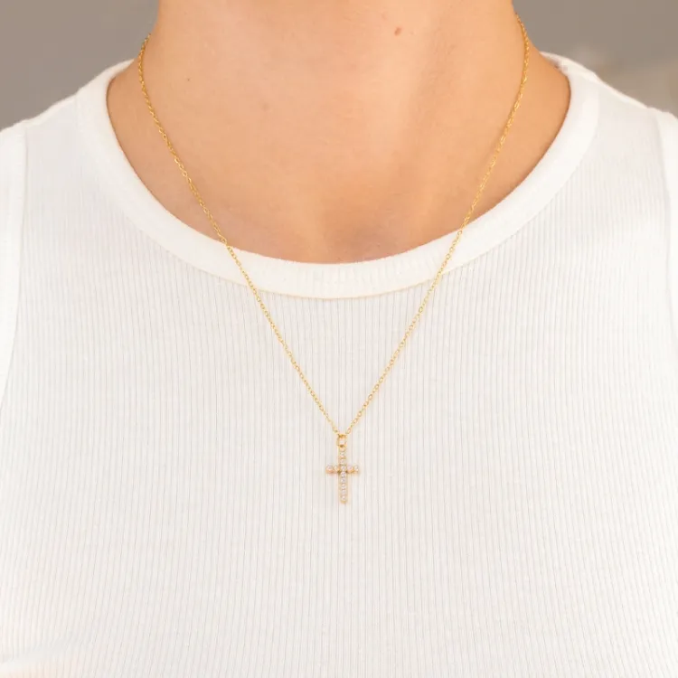 waterproof kruis witte zirkoon ketting in verguld staal - OCEANA