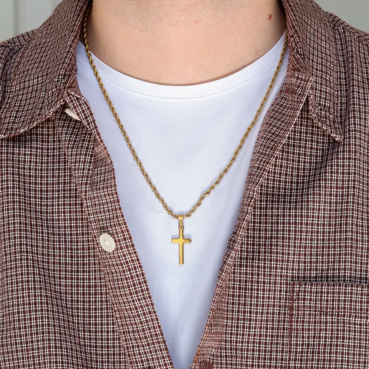 waterproof ketting in verguld staal met kruis hanger in staal