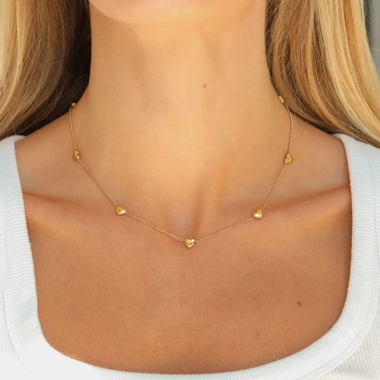 waterproof hart ketting in verguld staal met hartjes hanger in staal - OCEANA