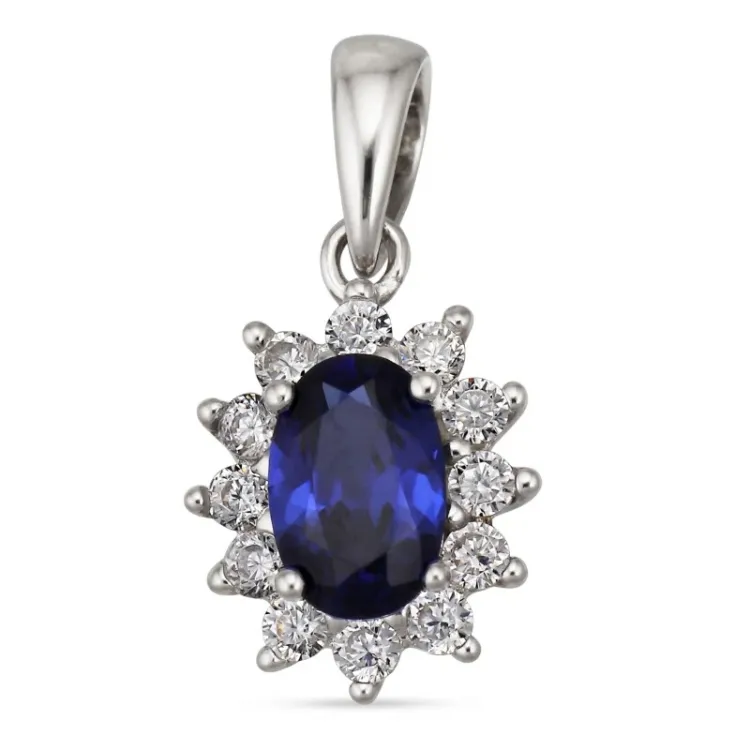 rozet blauwe syntetische saffier hanger in gerodineerd zilver