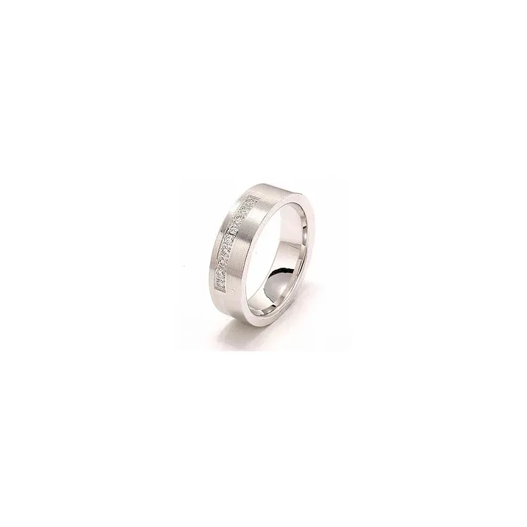Breed mat briljant trouwring in 14 karaat witgoud 9 x 0,015 ct