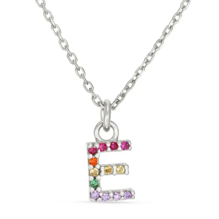 letter e veelkleurig zirkoon ketting in zilver - My Letter
